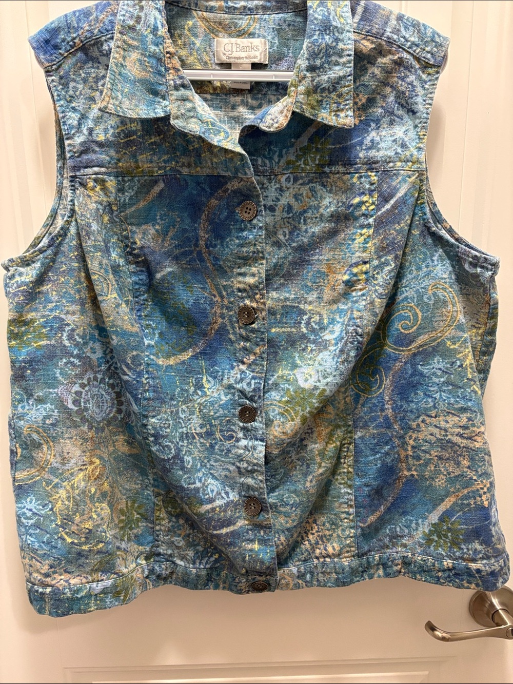 CJ Banks 2X Linen Cotton Button Front Vest Blue Boho Artsy Print